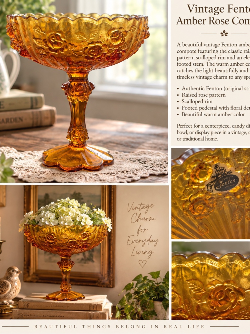 Vintage Fenton Amber Cabbage Rose Pedestal Compote Footed Glass Bowl